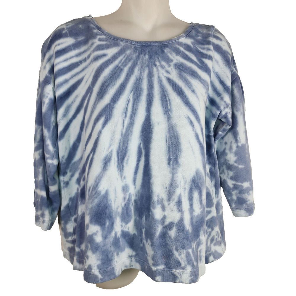 J Jill Pure Jill Womens Top XS Petite Blue Tie Dye 3/4 Sleeve 100% Cotton Knit
